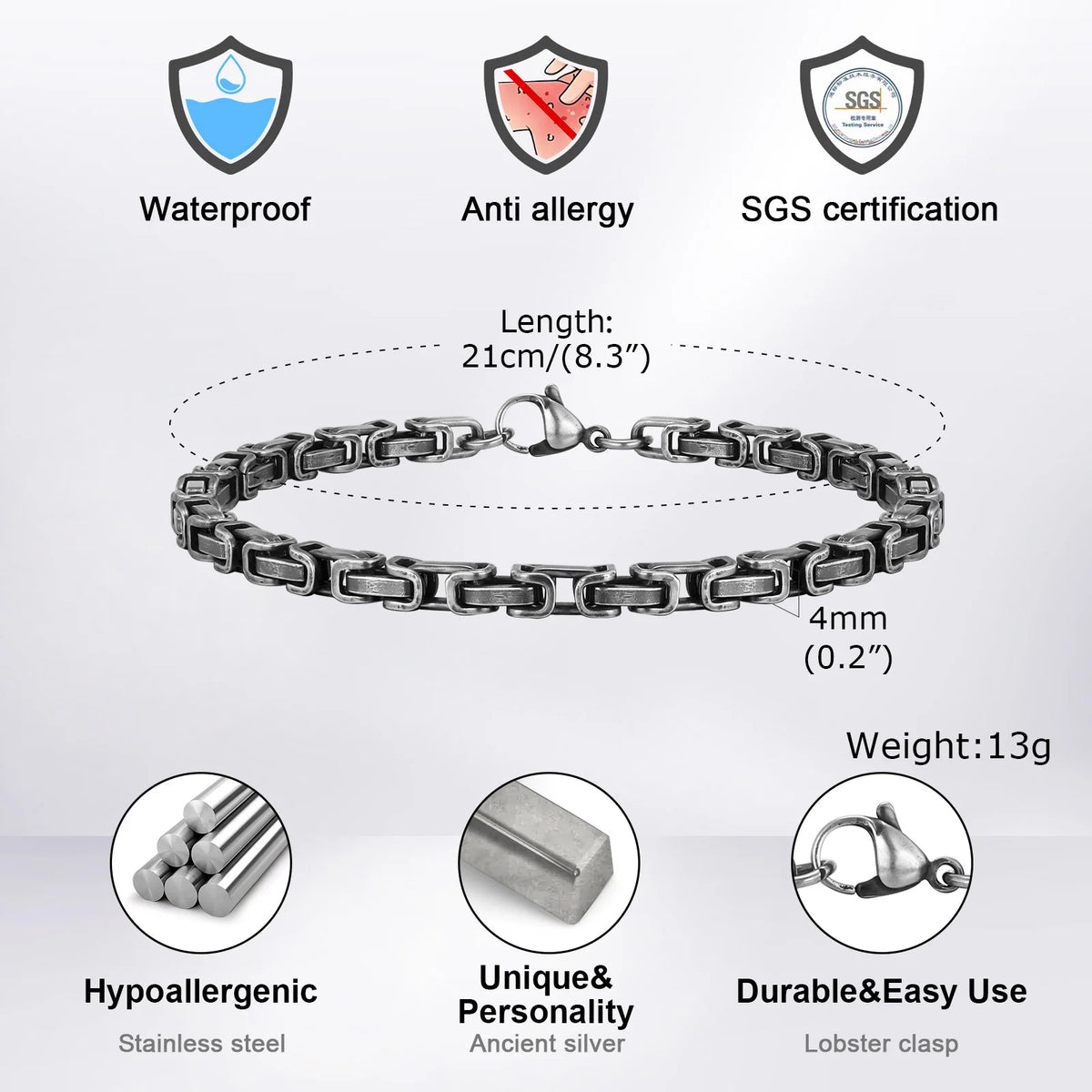 Men's Byzantine Bracelets,4mm Retro Grey, Stainless Steel, Handmade - Zenflow Active