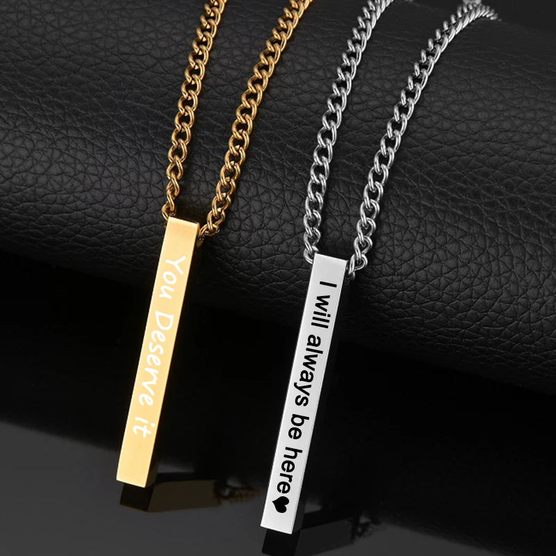 Engrave 4 Sides Name Date Custom Stainless Steel Thick Chain Necklaces for men Personalized Square Bar Pendant Jewellery - Zenflow Active