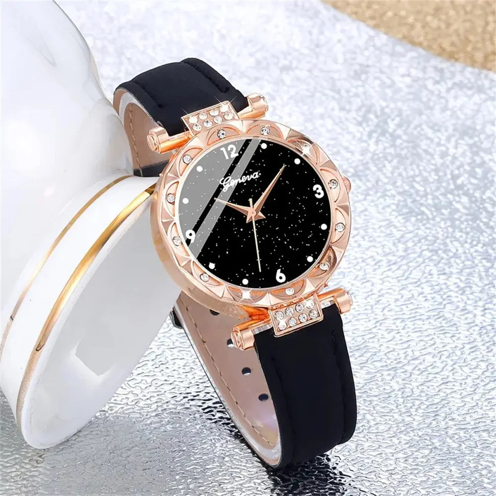 Womens Watches 5Pcs Set Luxury Rhinestone Women Fashion Elegant Wristwatch Quartz Watch For Girl WristWatch Bracelet Gift - Zenflow Active