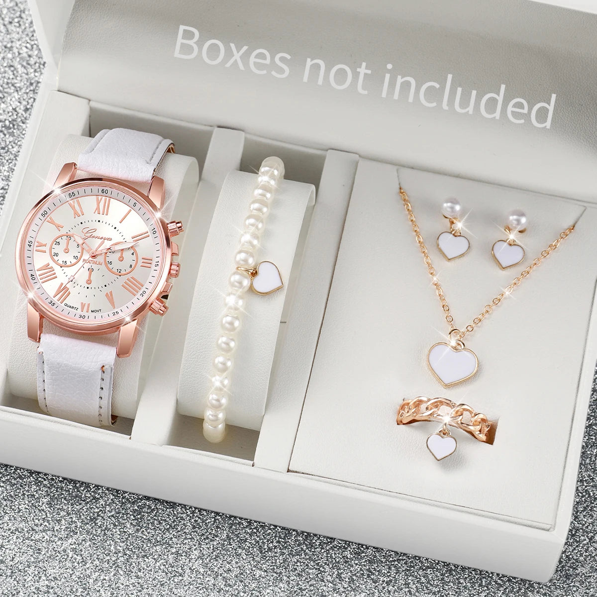 5/6PCS Fashion Women's Quartz Watch Leather Band Analog Wrist Watches Heart Rhinestone Jewelry Set(Without Box) - Zenflow Active