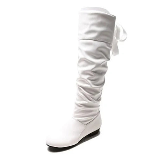 Women's Pleated PU Leather Knee-High Boots — Lace-Up, Square Low Heel, Round Toe - Zenflow Active
