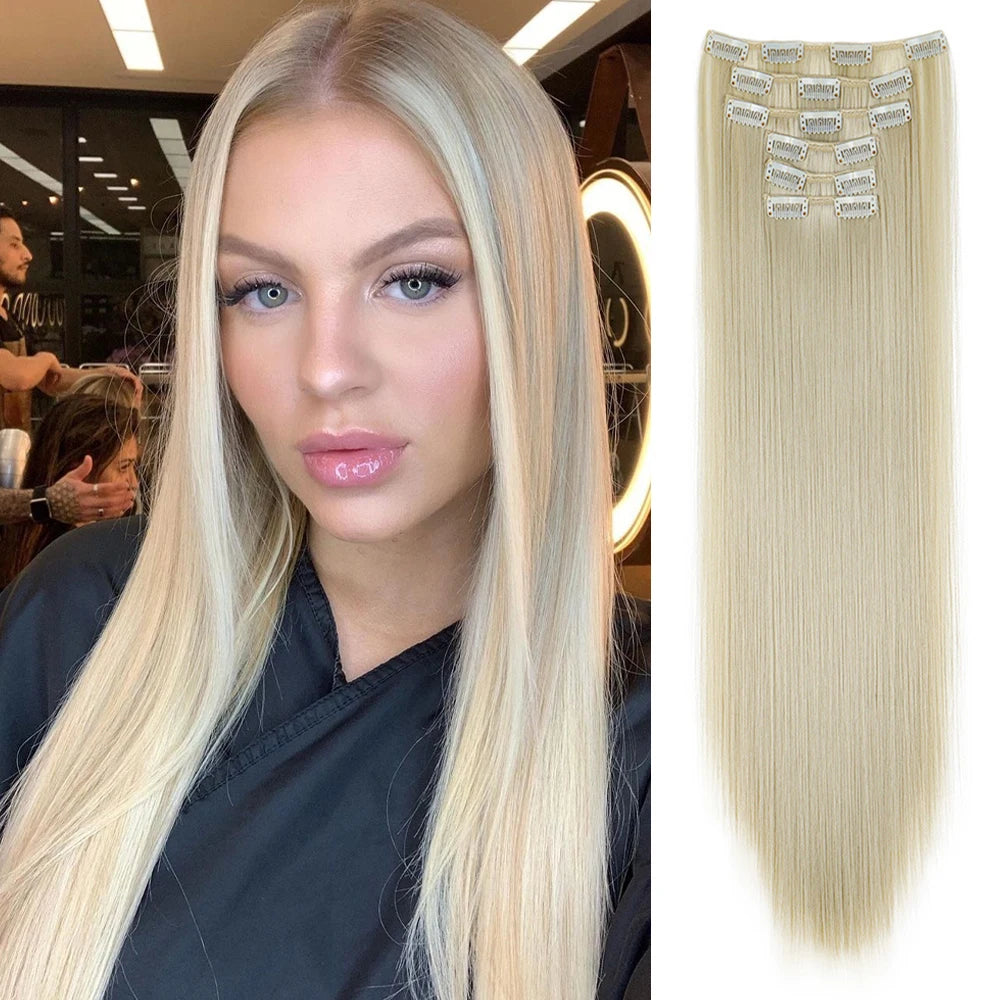 Hair Extensions 24"/60cm 6pcs/set Women Long Straight Synthetic Full Head Clip 16 Clips Ombre Heat Resistant Fiber Hair - Zenflow Active