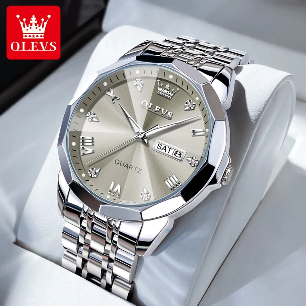 OLEVS 9931 Men's Quartz Watch — Rhombus Bezel, Roman Numeral, Date & Week, Luminous - Zenflow Active
