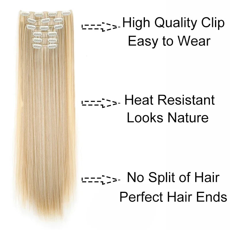 Synthetic Clips in Hair Extensions Long Straight Hairstyle Blonde Black Hairpieces Heat Resistant False Hair Daily Use - Zenflow Active