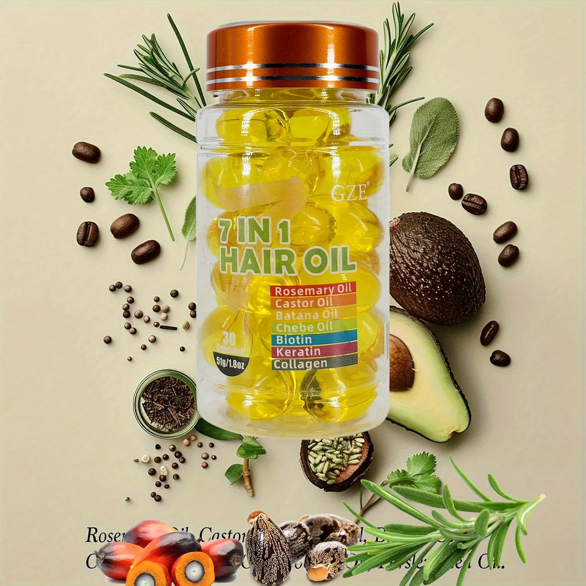 GZE 7-IN-1 Hair Oil Enriched With Rosemary Oil Castor Oil Batana Oil Chebe Oil Biotin Keratin Collagen Hydrating Smoothing - Zenflow Active