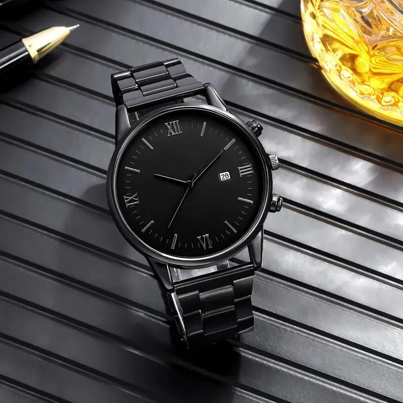 4-piece/set men's black minimalist quartz watch set with bracelet, necklace, and ring - Zenflow Active