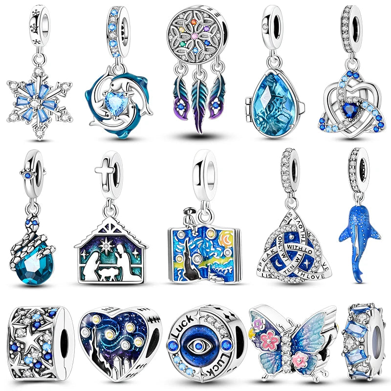 Charms Original 925 Silver Blue Beads Fit Bracelet Pendant Diy For Woman Fine Jewelry - Zenflow Active