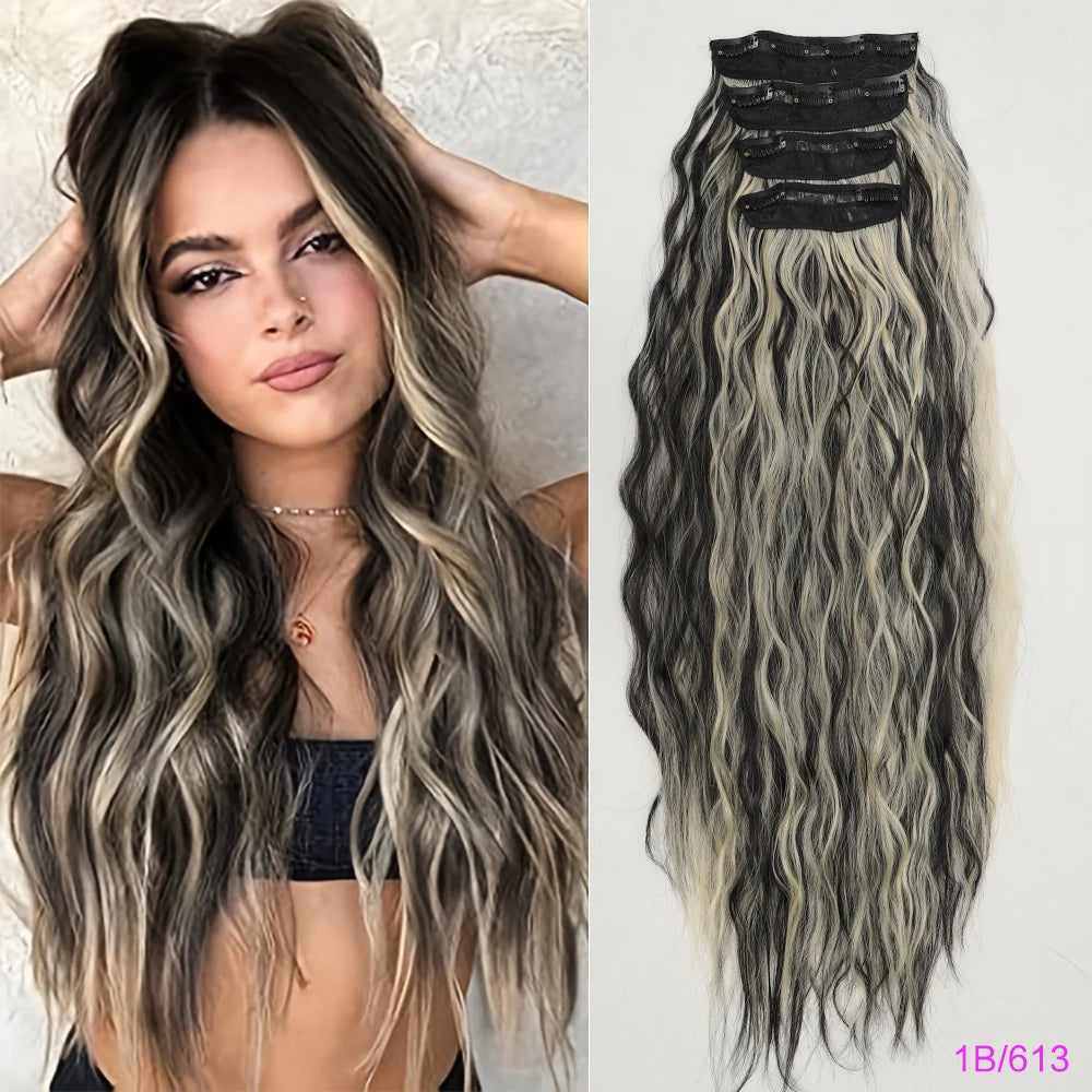 Set of 4 Clip-In Hair Extensions in a Brown-Blonde Shade, 60.96 cm Long, Featuring Wavy And Curly Synthetic Hair - Zenflow Active