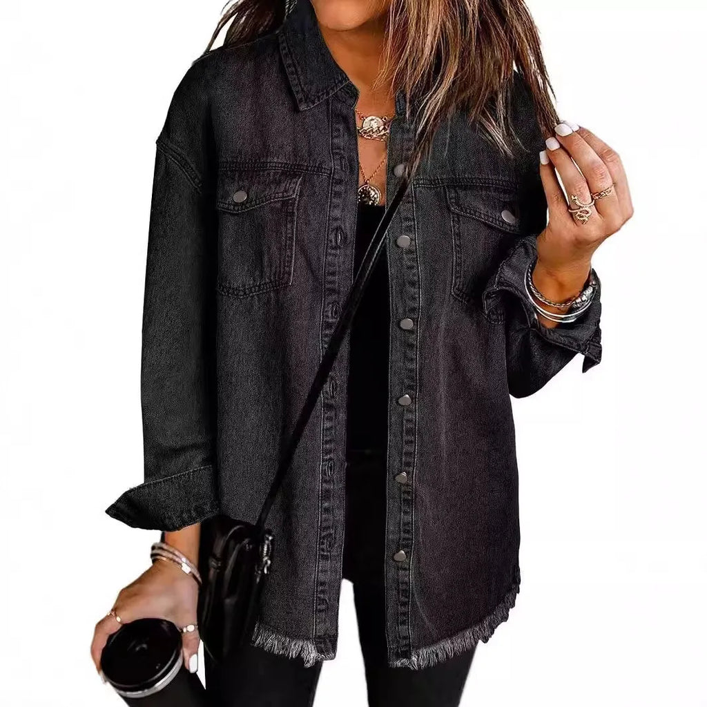 Women’s Distressed-Hem Long Denim Shirt Jacket Zenflow Active