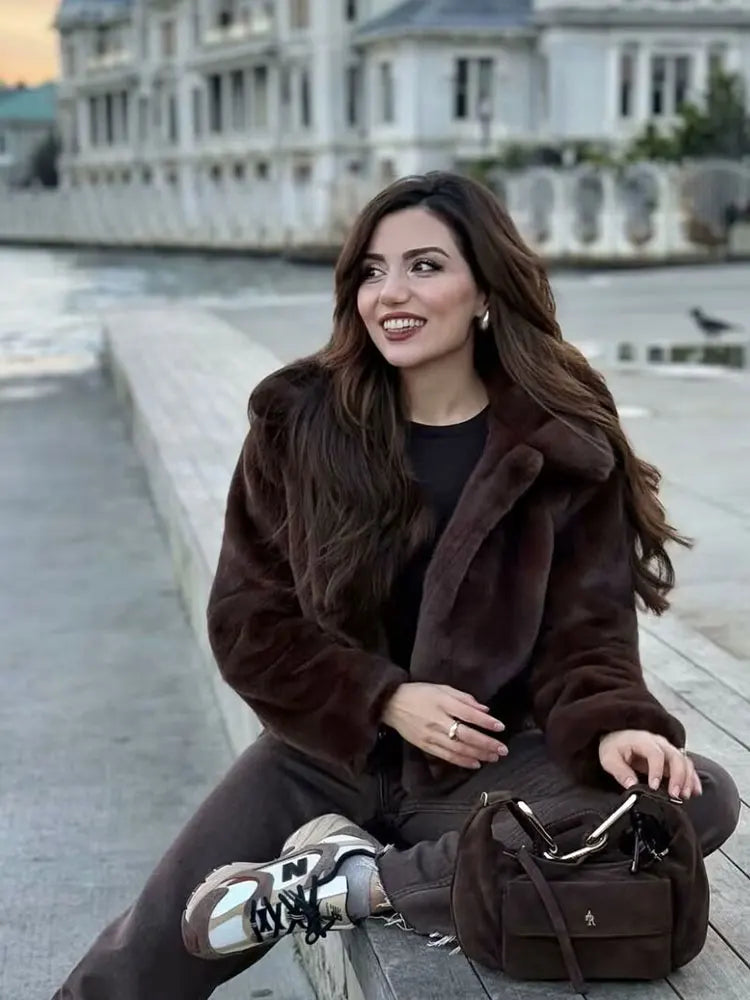 Women's Brown Cropped Faux Fur Jacket Zenflow Active
