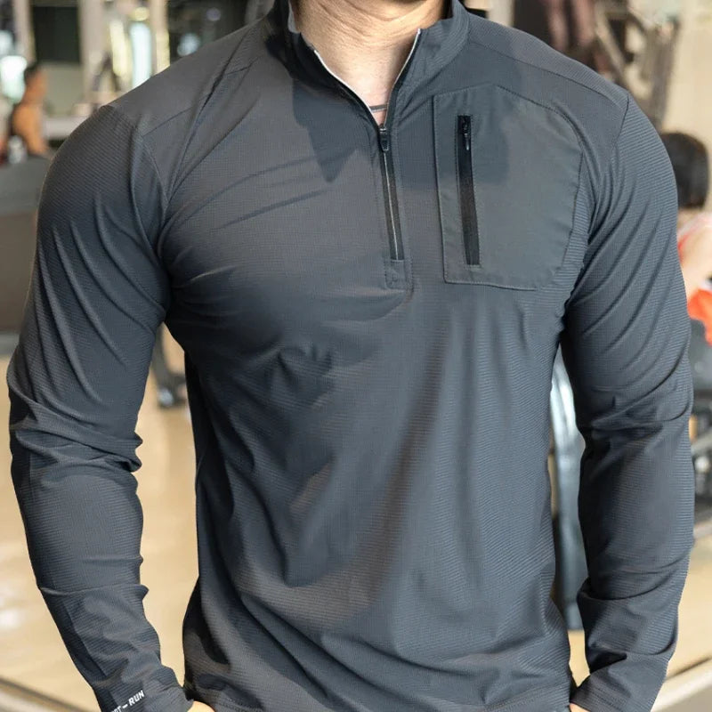 Men's Long Sleeve Half-Zip Compression Top | Gym Running Shirt with Pockets - Zenflow Active