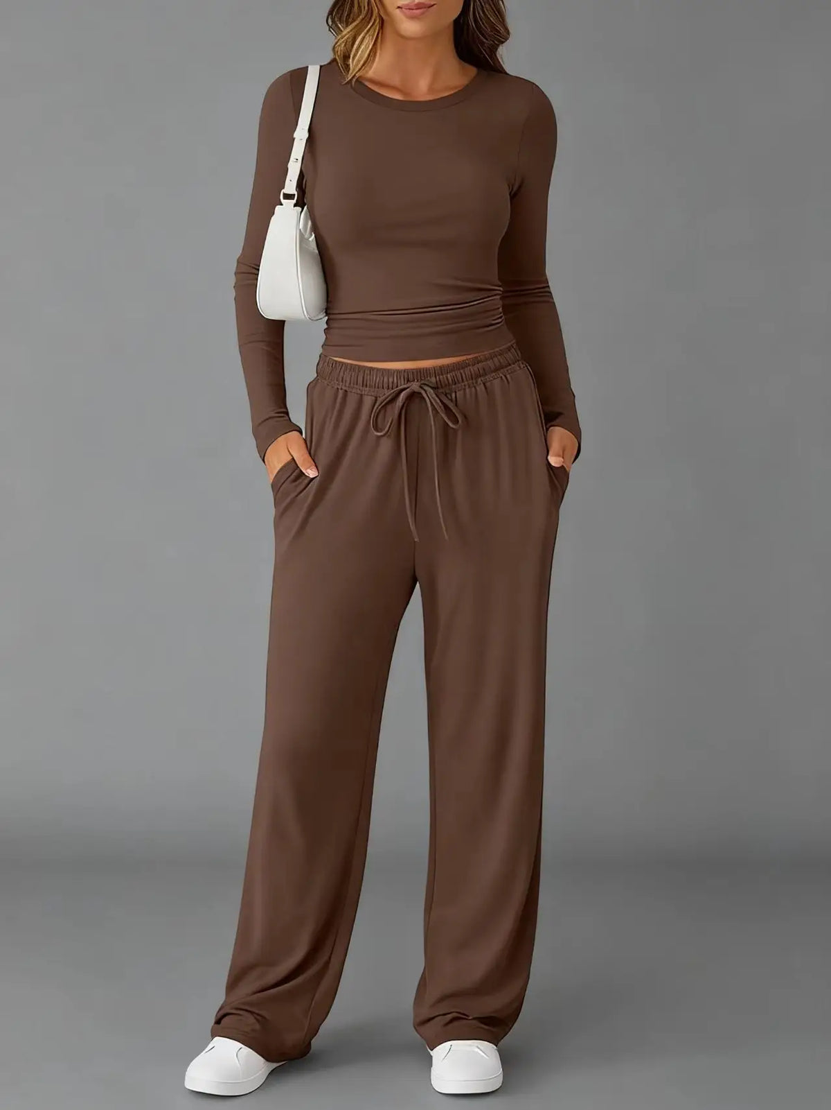 Women's Casual Drawstring Top & Wide-Leg Trouser Set - Zenflow Active