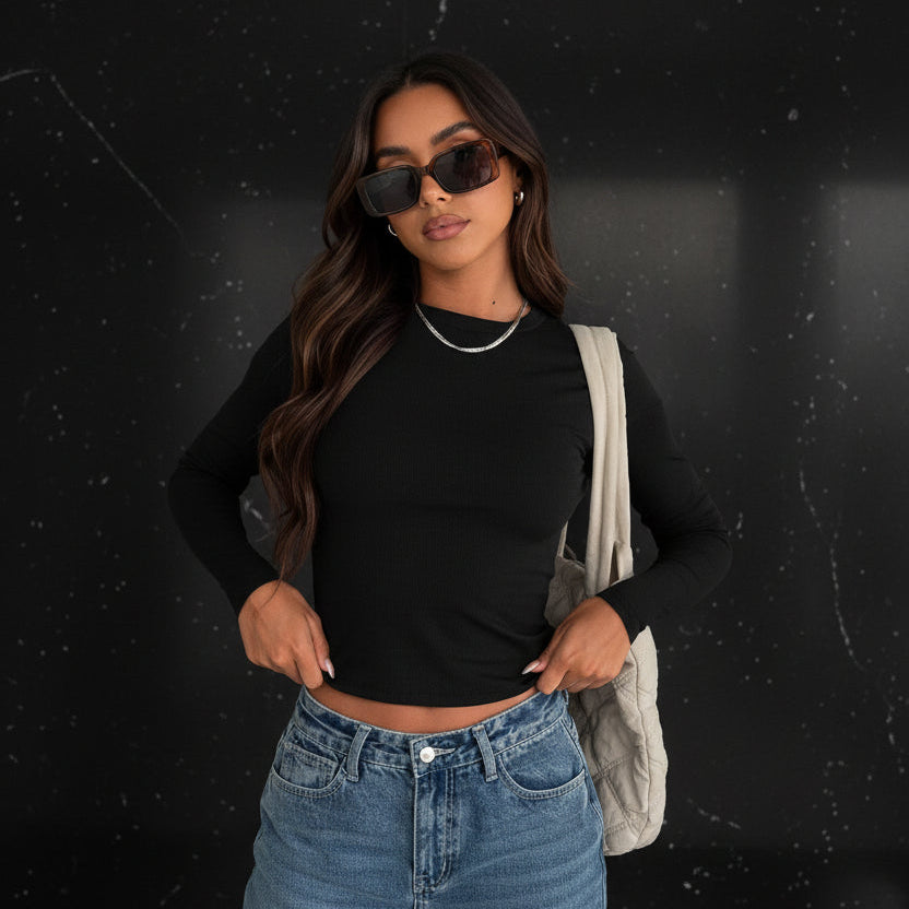 Women's Slim-Fit O-Neck Long-Sleeve Crop Top Zenflow Active