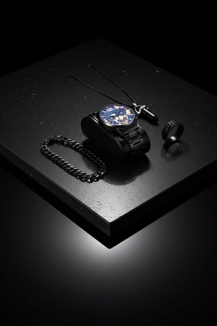 Men's Quartz Watch Set with Bracelet Necklace Ring Calendar Function - Zenflow Active