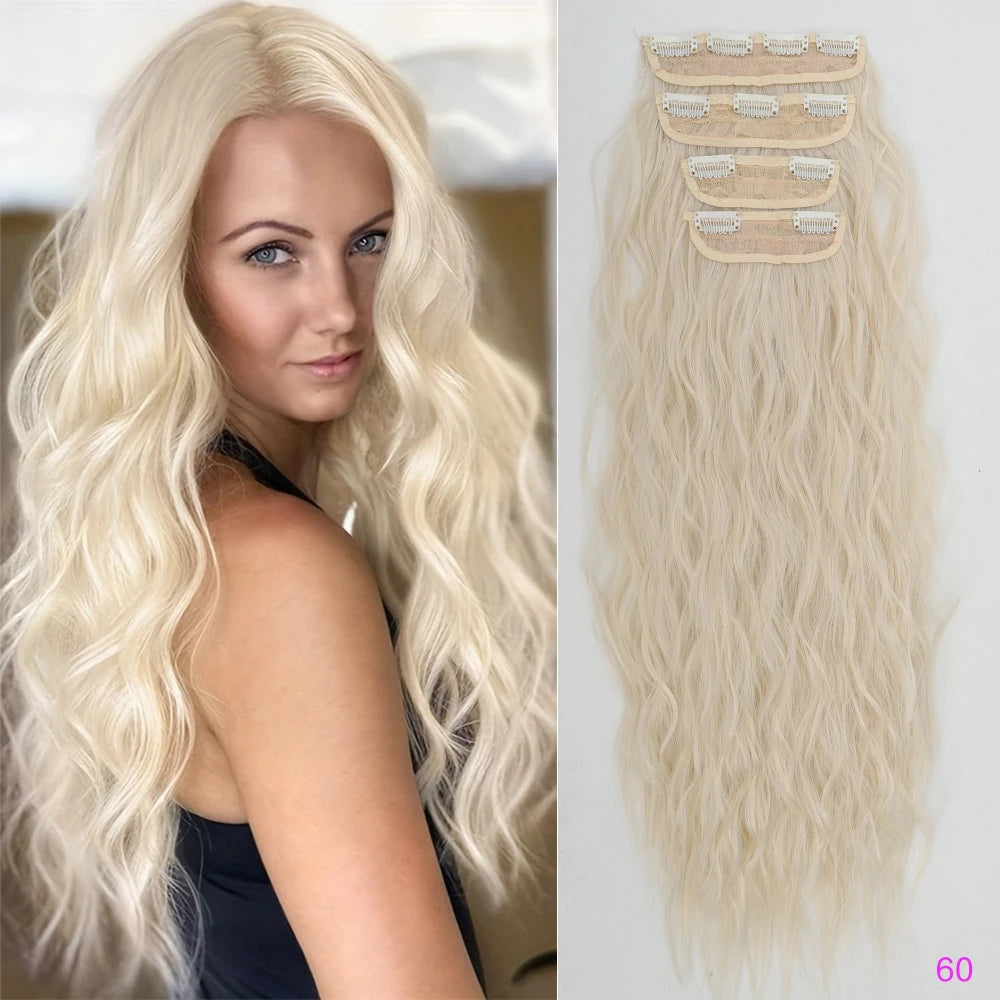 Set of 4 Clip-In Hair Extensions in a Brown-Blonde Shade, 60.96 cm Long, Featuring Wavy And Curly Synthetic Hair - Zenflow Active