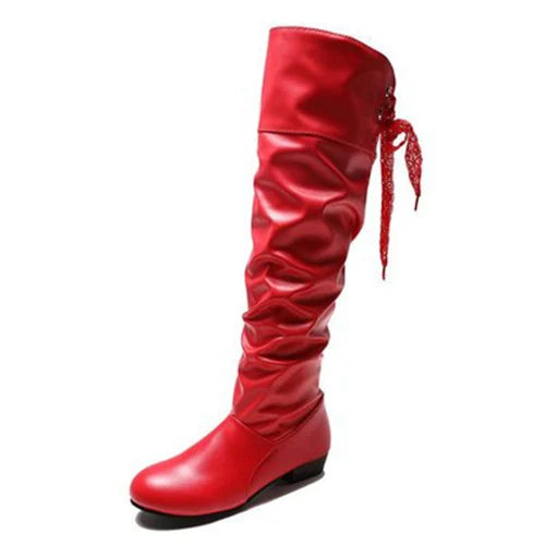 Women's Pleated PU Leather Knee-High Boots — Lace-Up, Square Low Heel, Round Toe - Zenflow Active
