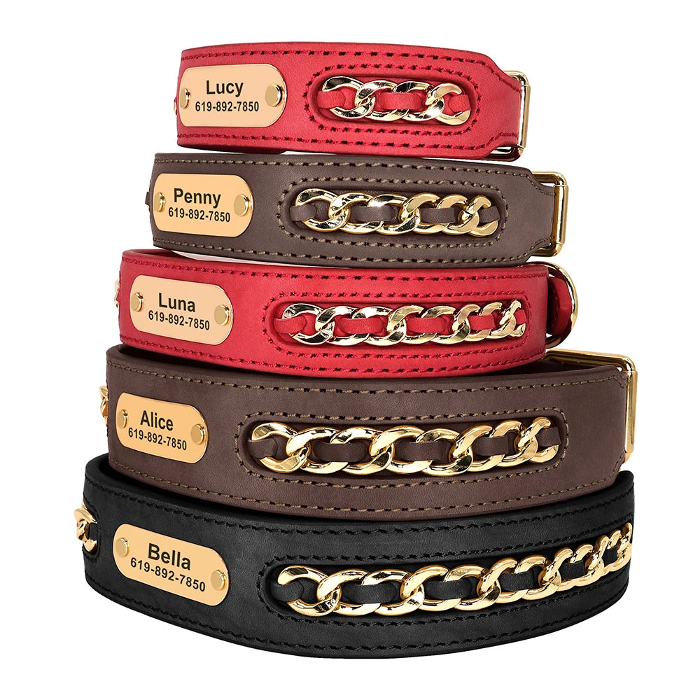 Personalised Leather Dog Collar | Custom Engraved Name & ID with Chain Accessories - Zenflow Active