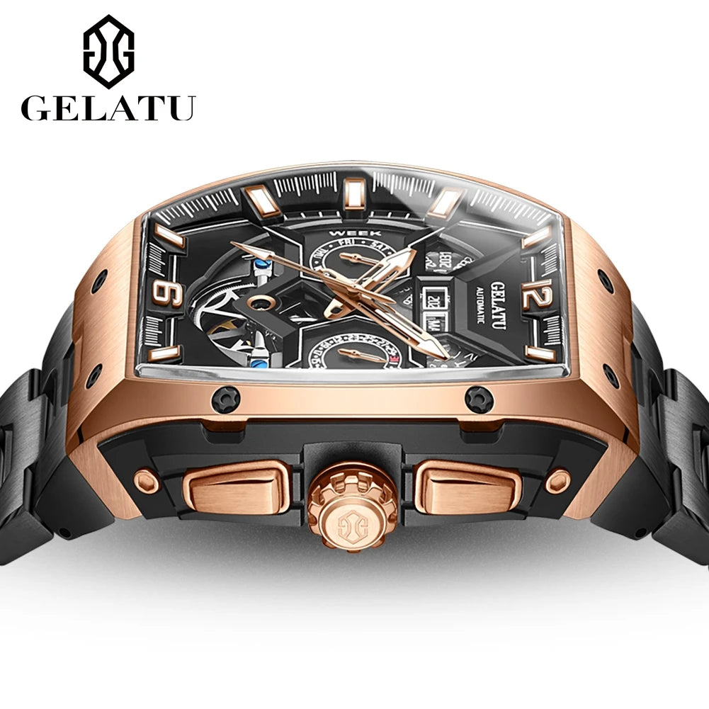 GELATU Top Brand Luxury Rose Black Skeleton Tourbillon Automatic Mechanical Watch for Men - Zenflow Active
