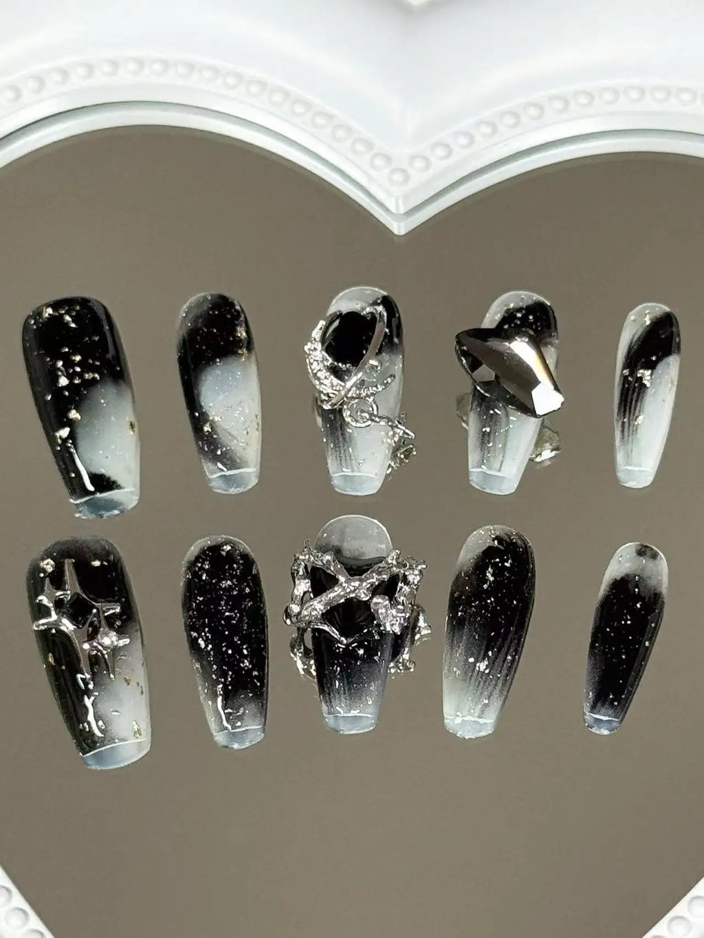 Dark Starry Sky Press-On Nails – Punk Coffin Shape with Zircon & Silver Jewellery | 10 Pieces - Zenflow Active