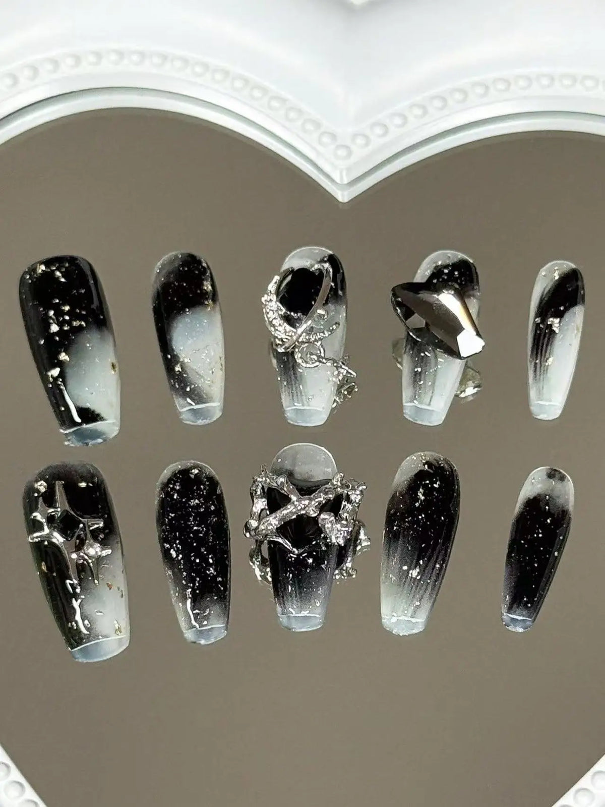 Dark Starry Sky Press-On Nails – Punk Coffin Shape with Zircon & Silver Jewellery | 10 Pieces - Zenflow Active