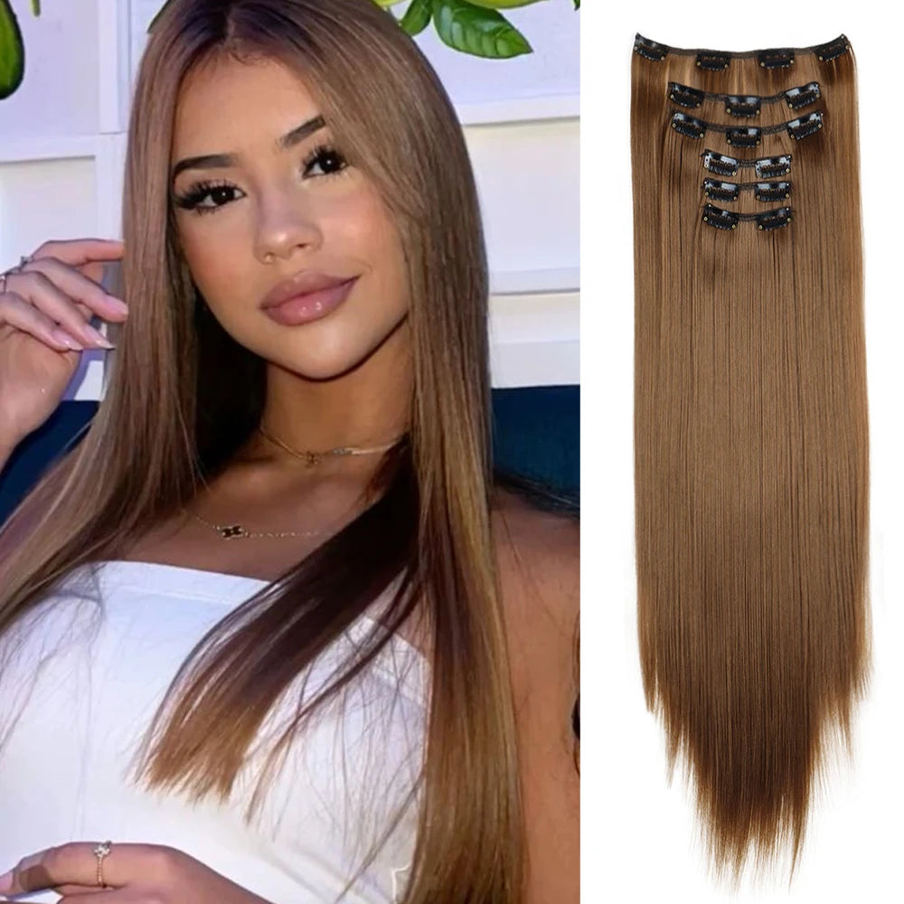 Hair Extensions 24"/60cm 6pcs/set Women Long Straight Synthetic Full Head Clip 16 Clips Ombre Heat Resistant Fiber Hair - Zenflow Active