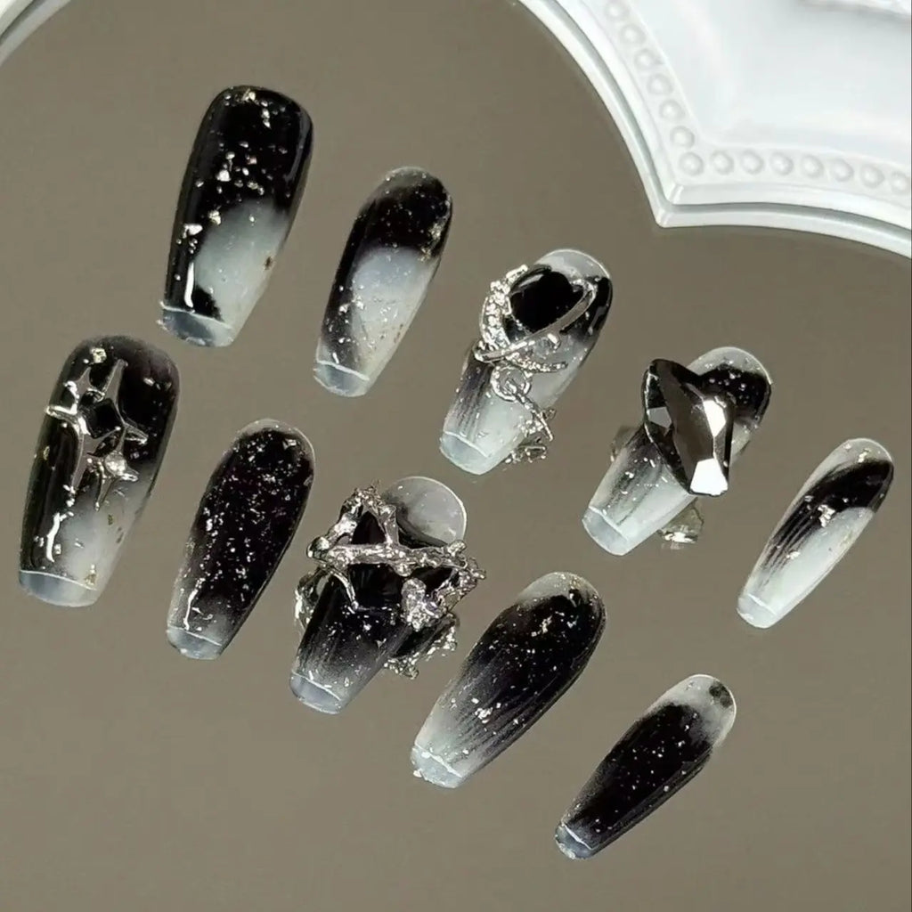 Dark Starry Sky Press-On Nails – Punk Coffin Shape with Zircon & Silver Jewellery | 10 Pieces - Zenflow Active
