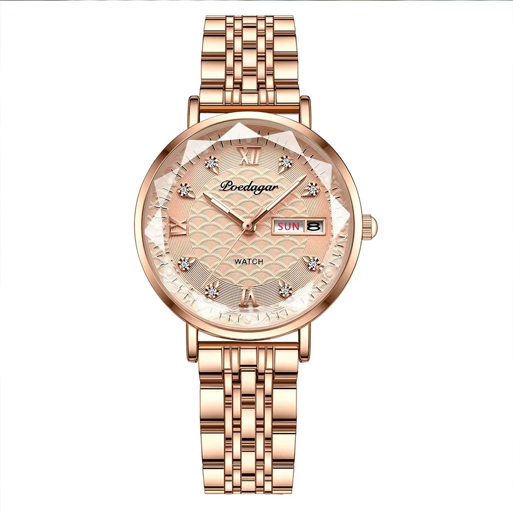 POEDAGAR Watch Women New Fashion Luxury Stainless Steel Wristwatch Bracelet Simple Rose Gold Waterproof Luminous Ladies Watches - Zenflow Active