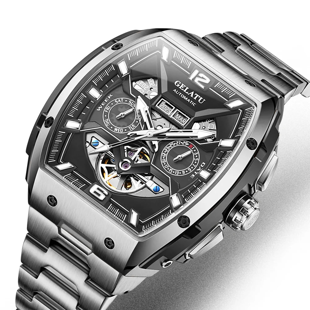 GELATU Top Brand Luxury Rose Black Skeleton Tourbillon Automatic Mechanical Watch for Men - Zenflow Active
