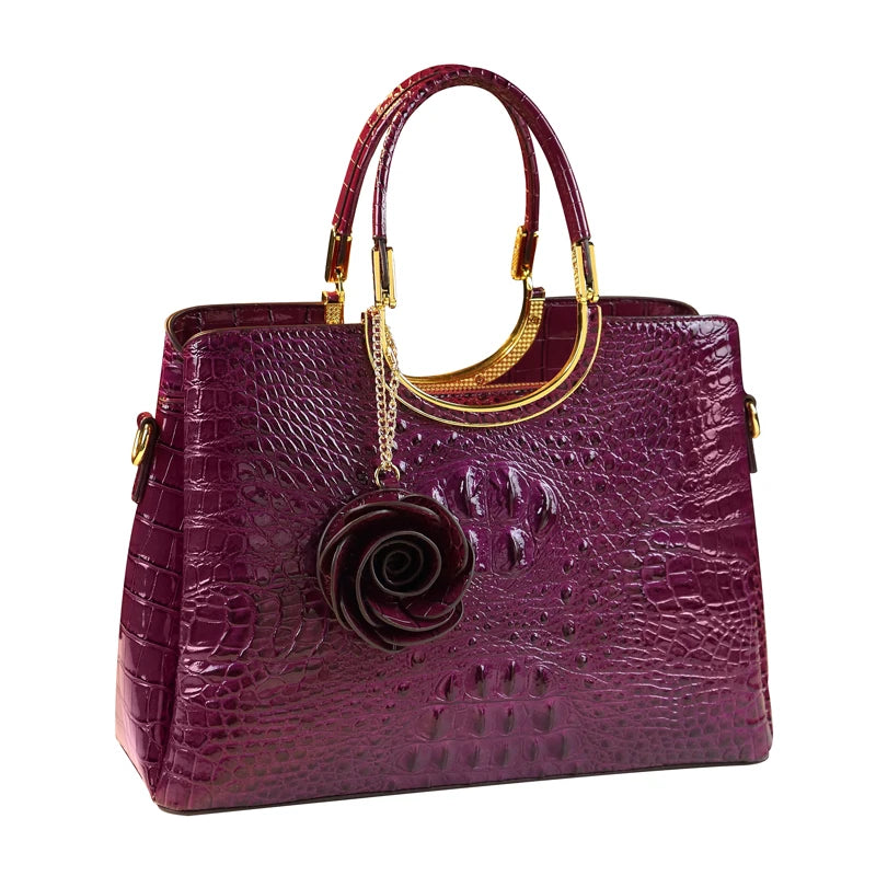 Genuine Leather Women's Handbags Crocodile Pattern Lady Flower Tassel Shoulder Bag - Zenflow Active