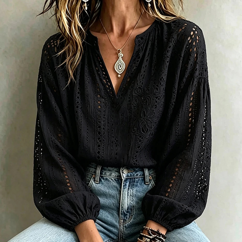 Women's Embroidered Hollow-Out Long Sleeve Shirt - Zenflow Active