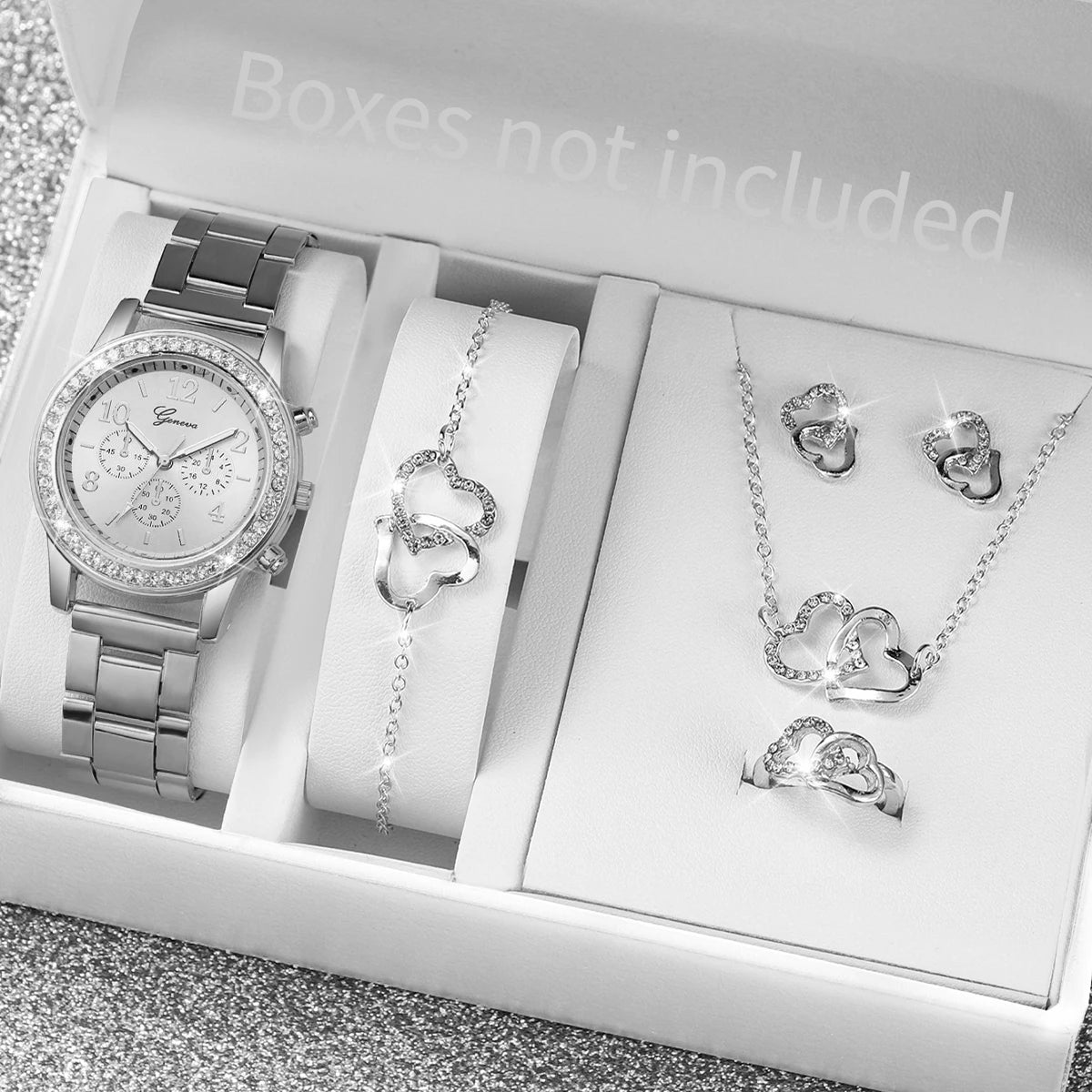 6PCS/Set Women's Watch Fashion Rhinestone Stainless Steel Band Quartz Watch Jewelry Set Reloj Mujer (Without Box) - Zenflow Active