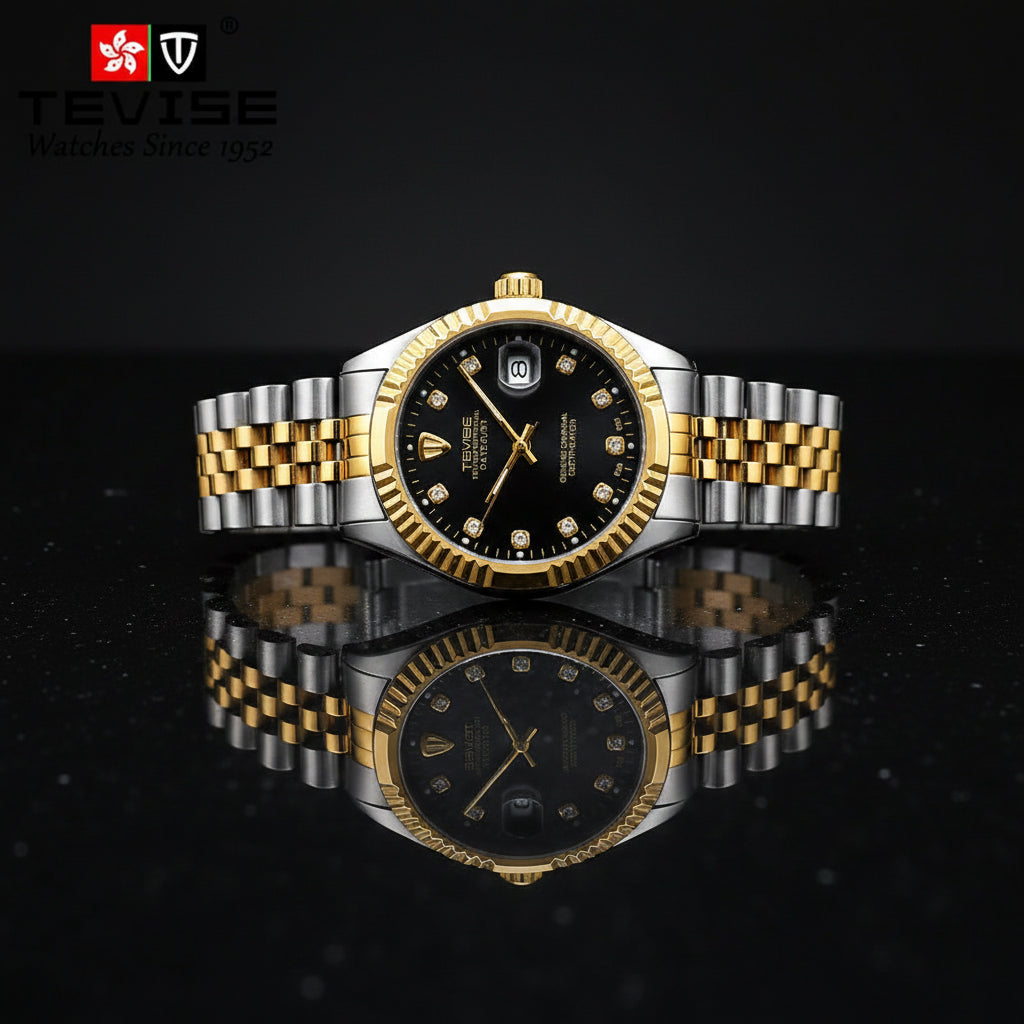 TEVISE T629 Automatic Mechanical Men's Watch — Diamond Detail, Date Display, Waterproof - Zenflow Active