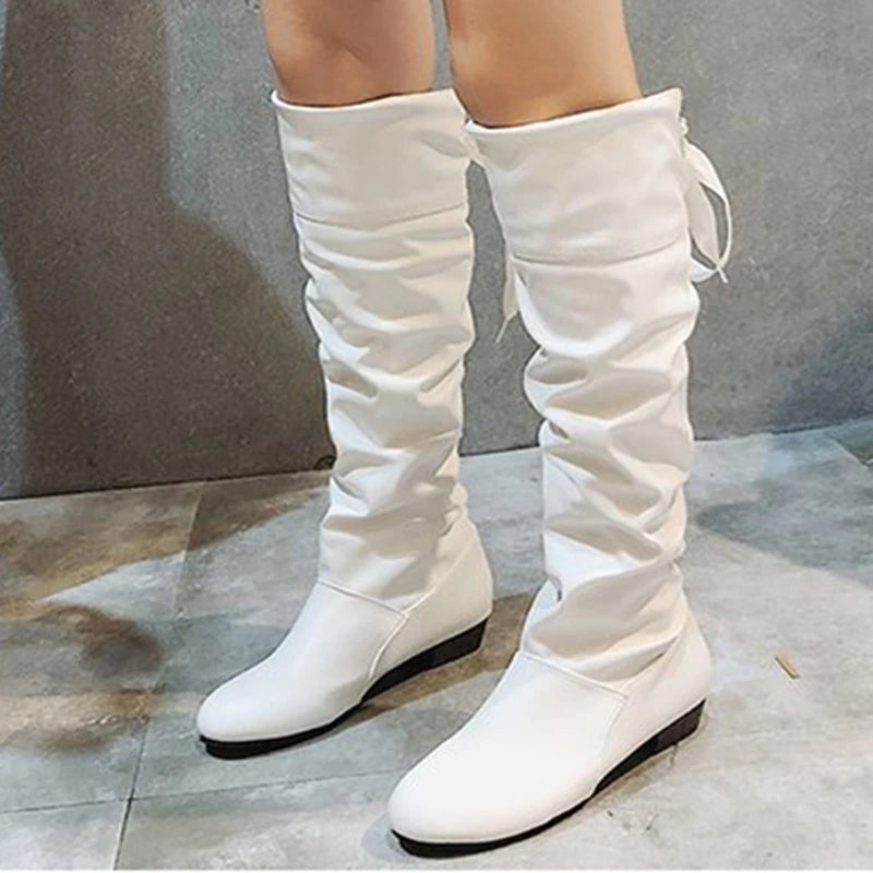 Women's Pleated PU Leather Knee-High Boots — Lace-Up, Square Low Heel, Round Toe - Zenflow Active