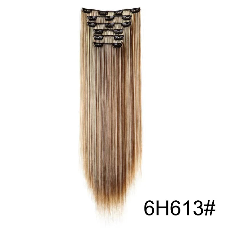 16 Clips in Hair Extensions 24Inchs Long Straight Hairstyle Synthetic Blonde Black Hairpieces Heat Resistant Fake Hair 6Pcs/Set - Zenflow Active