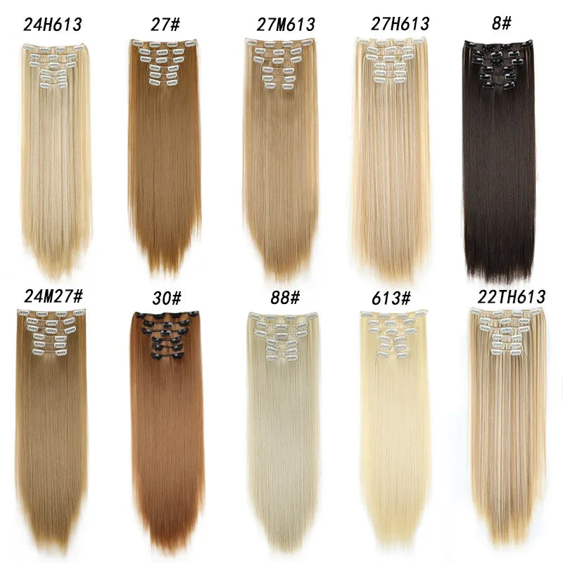 Hair Extensions 24"/60cm 6pcs/set Women Long Straight Synthetic Full Head Clip 16 Clips Ombre Heat Resistant Fiber Hair - Zenflow Active