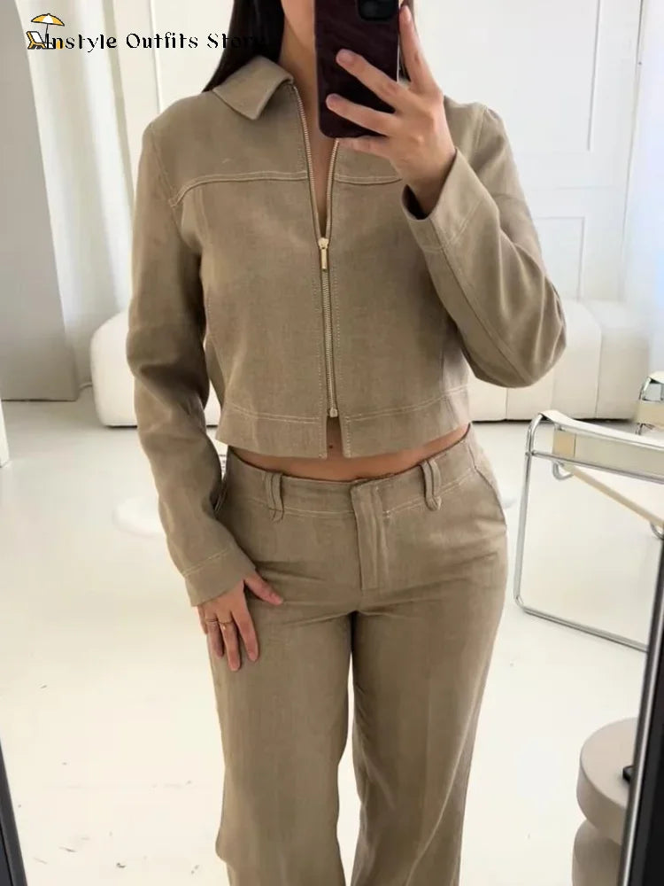 Women's Cropped Jacket & Straight-Leg Trousers Set Zenflow Active