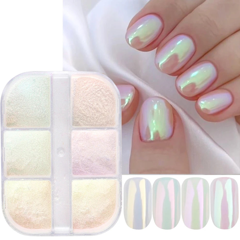 Aurora Chrome Mirror Nail Powder – Holographic Metallic Pigment | 6-Grid Set - Zenflow Active