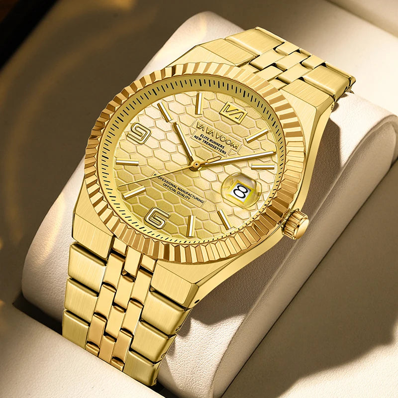 Men's Honeycomb Dial Quartz Watch — Luminous, Date Display, Stainless Steel, Waterproof - Zenflow Active