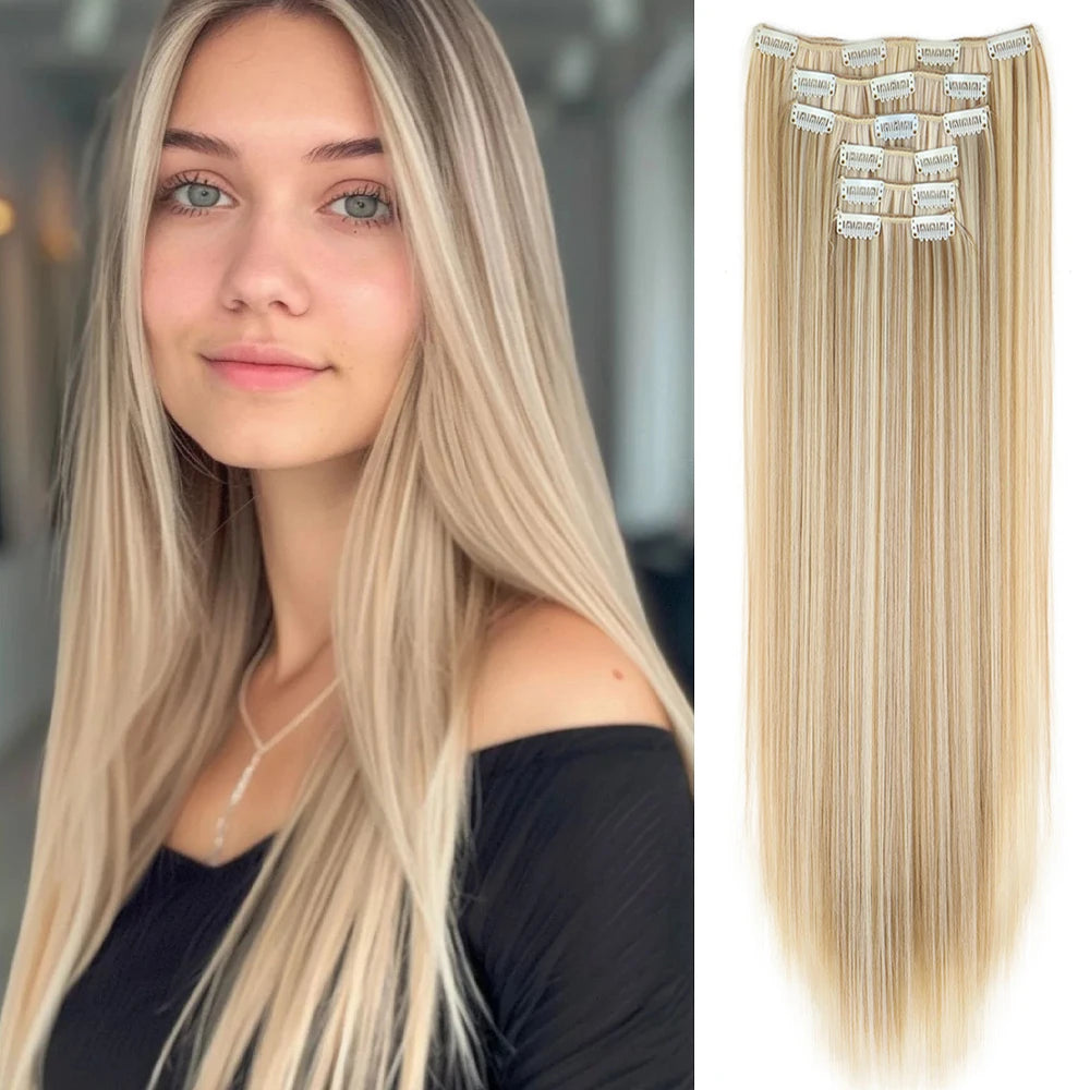 Hair Extensions 24"/60cm 6pcs/set Women Long Straight Synthetic Full Head Clip 16 Clips Ombre Heat Resistant Fiber Hair - Zenflow Active