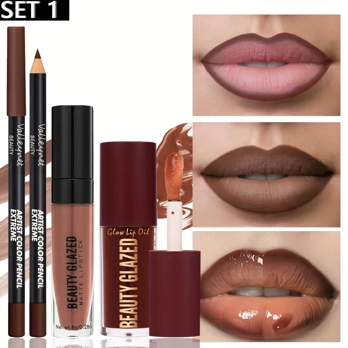 3pcs/Set Makeup Set: Matte Lip Liner + Lip Glaze + Moisturizing Lip Oil - Zenflow Active