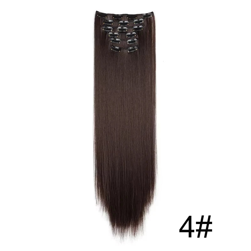 16 Clips in Hair Extensions 24Inchs Long Straight Hairstyle Synthetic Blonde Black Hairpieces Heat Resistant Fake Hair 6Pcs/Set - Zenflow Active