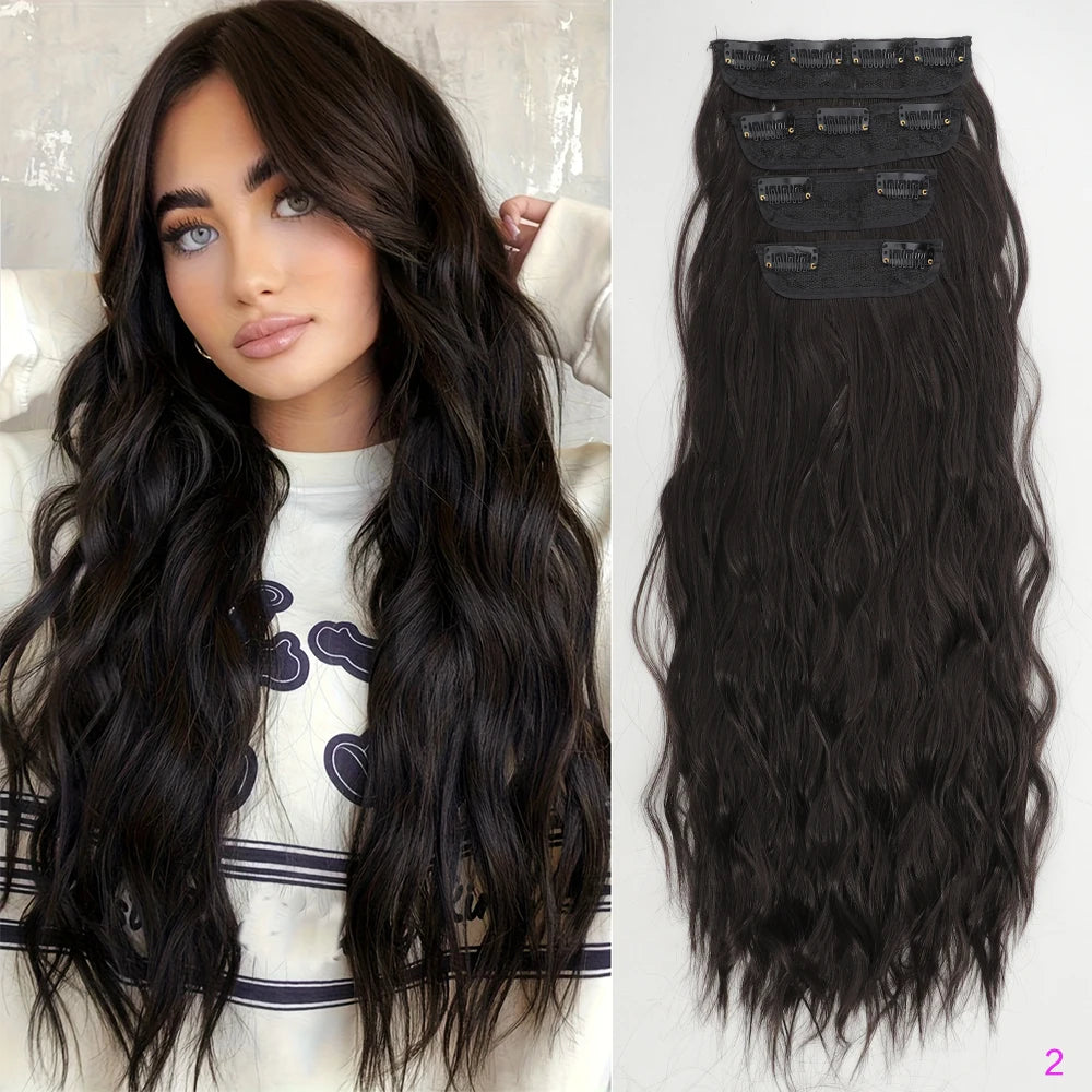 Set of 4 Clip-In Hair Extensions in a Brown-Blonde Shade, 60.96 cm Long, Featuring Wavy And Curly Synthetic Hair - Zenflow Active