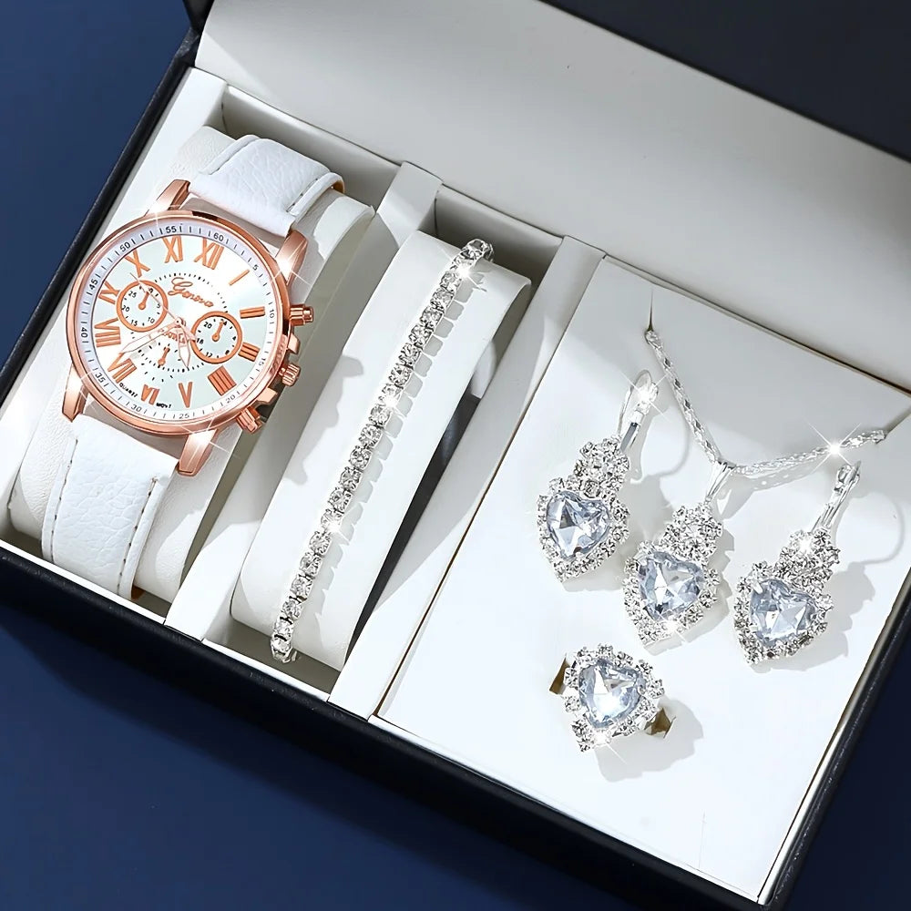 Fashion quartz watch and jewelry set, shock resistant circular analog digital display, PU leather strap, zinc alloy case - Zenflow Active