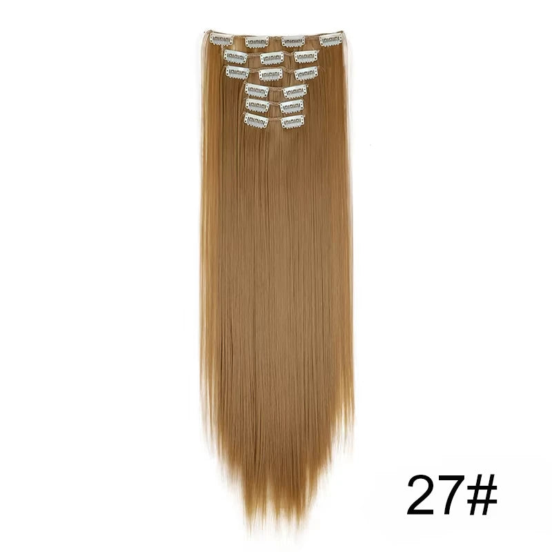 16 Clips in Hair Extensions 24Inchs Long Straight Hairstyle Synthetic Blonde Black Hairpieces Heat Resistant Fake Hair 6Pcs/Set - Zenflow Active