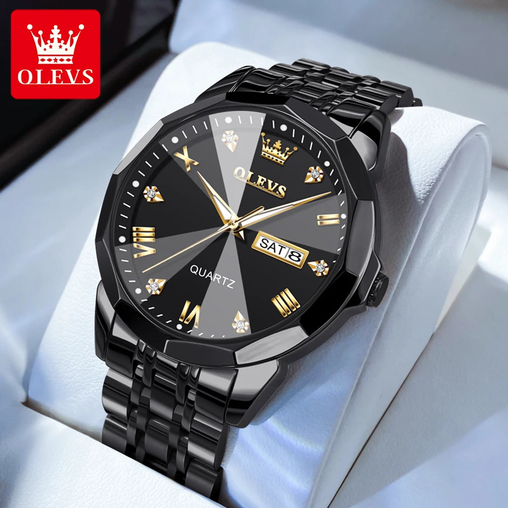 OLEVS 9931 Men's Quartz Watch — Rhombus Bezel, Roman Numeral, Date & Week, Luminous - Zenflow Active