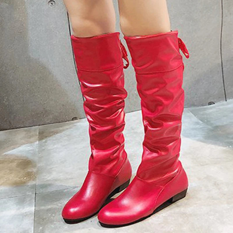 Women's Pleated PU Leather Knee-High Boots — Lace-Up, Square Low Heel, Round Toe - Zenflow Active
