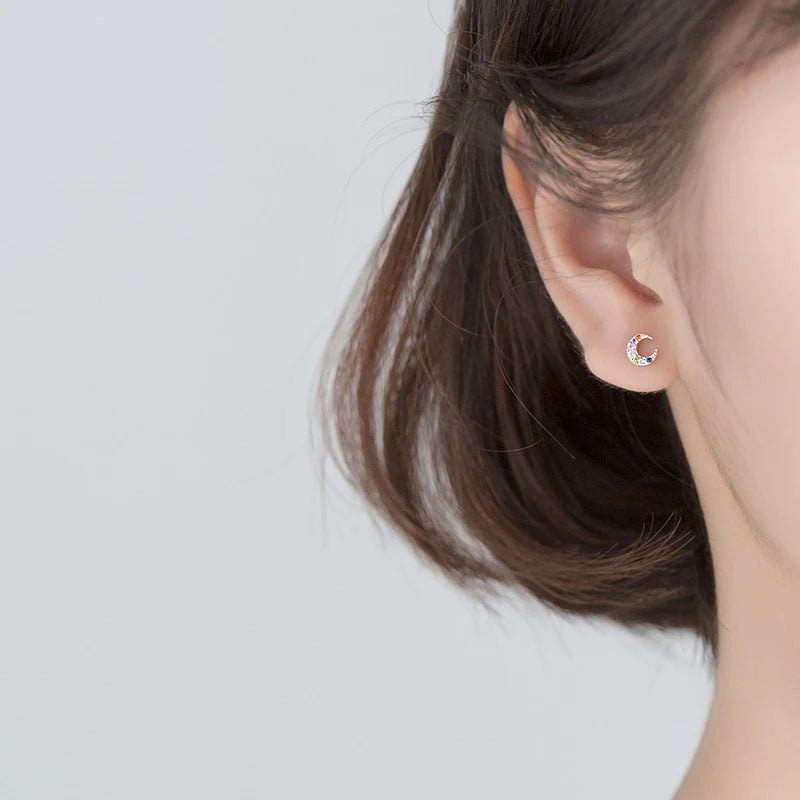 Modian New 925 Sterling Silver Colourful Crystal Moon Tiny Stud Earring for Women Luxury Ear Pin Fine Jewellery Student Accessories - Zenflow Active