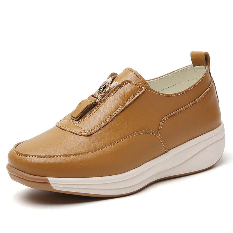 Women's Split Leather Loafer Flats — Zip Closure, Wedge Sole, Round Toe, Casual Everyday Shoe - Zenflow Active