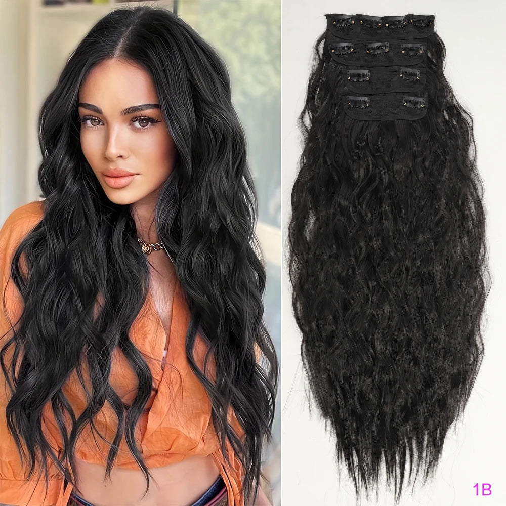 Set of 4 Clip-In Hair Extensions in a Brown-Blonde Shade, 60.96 cm Long, Featuring Wavy And Curly Synthetic Hair - Zenflow Active