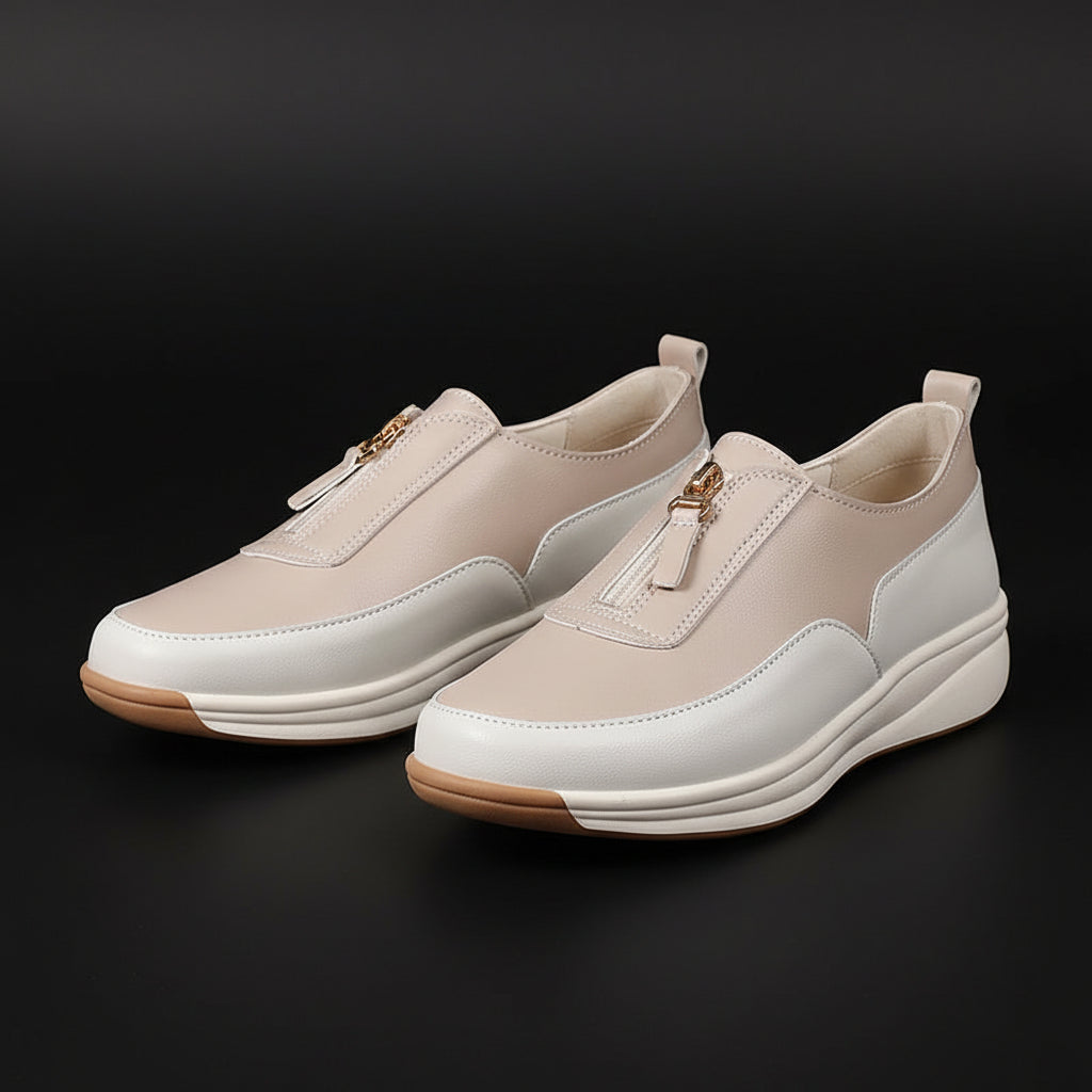 Women's Split Leather Loafer Flats — Zip Closure, Wedge Sole, Round Toe, Casual Everyday Shoe - Zenflow Active